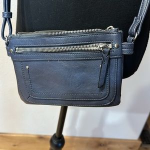 Crossbody versatile travel, bag, purse, metallic dusty blue self adjustable